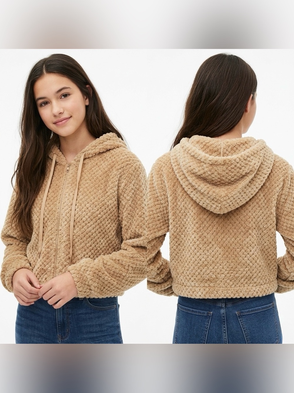 NWT BUZZ Youth Hooded Beige Cropped Zip Up Sherpa Hooded Sweater Size Large